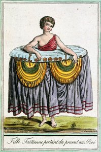 Ung kvinne tilbyr gaver til kongen, Tahiti, Society Islands, gravering fra Encyclopedia of voyages, av Jacques Grasset de Saint-Sauveur (1757-1810) av Jacques Grasset de Saint-Sauveur
