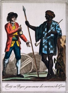 Alcaty, stammesjef i Goree, Senegal, gravering fra en tegning av Labrousse (aktiv 1796), fra Encyclopedie des Voyages, av Jacques Grasset de Saint-Sauveur (1757-1810) av Jacques Grasset de Saint Sauveur