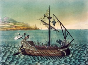 Duilius Corvus (bordingsanordning) på romersk byssekrigsskip, av Jacques Grasset de Saint-Sauveur (1757-1810), gravering fra det gamle Roma