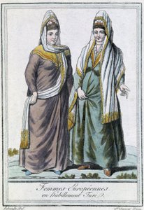 Europeiske kvinner i tyrkisk antrekk - i "" Encyclopédie des voyages"" av Grasset Saint Sauveur, red. Paris 1796 av Jacques Grasset de Saint Sauveur