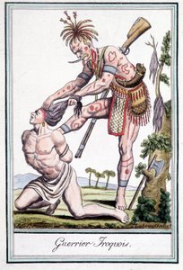 Iroquois-kriger skalperer fienden sin - i "" Encyclopedia of travels"" av Grasset St Sauveur, Paris