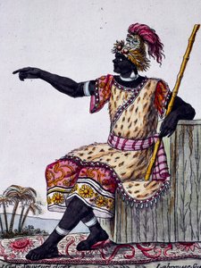 King of Loango, fargegravering fra tegning av Labrousse (aktiv 1796), fra Encyclopedia of voyages, av Jacques Grasset de Saint-Sauveur (1757-1810) av Jacques Grasset de Saint-Sauveur