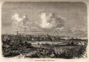 Generelt bilde av København, tegning av Jacques Guiaud (1810-1876), for å illustrere J.M.Dargauds reise til Danmark (1800-1860), i 1860. Gravering i "" Le tour du monde", redigert av Edouard Charton