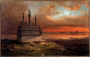 Golgata i Tronoen i solnedgangsmaleriet av Jacques Guiaud (1811-1876) Brest fra 1800-tallet, Musee des Beaux Arts