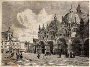 Torget og Markuskirken (Saint Mark), tegning av Jacques Guiaud (1810-1876), for å illustrere Adalbert de Beaumonts reise til Venezia, rundt 1850. Gravering i “” Le tour du monde””, redigert av Edouard Charton av Jacques Guiaud
