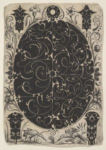 Oval kasse dekorert med Schweifwerk i to varianter, omgitt av mindre motiver..., ca. 1614-19.