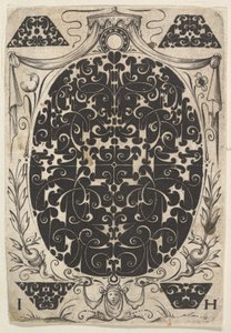 Ovalt anheng dekorert med Schweifwerk, omgitt av mindre motiver og kronet b..., ca. 1614-19.