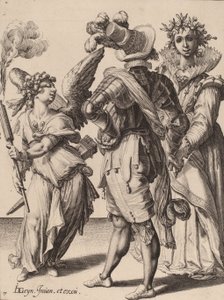 En amor med bind for øynene som holder en fakkel foran et par, tilskrevet Zacharias Dolendo, 1595-6 (gravering på lagt papir)