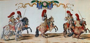 Karrusell av 1662: Kong Ludvig XIV og ridderne som deltok i Karusellen av 1662 i Paris (gravering) av Jacques I Bailly