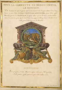 Ms. 11 (4) f.5, Emblem for Louis XIV, ca. 1663-68 (gouache og gull på pergament) av Jacques I Bailly