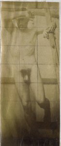Studie av en mannlig nakenmodell, hengende på et trestillas, i studioet til Jacques de Lalaing av Jacques Lalaing (attributed to)