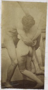 Studie av en mannlig nakenmodell, som står og bryter med en mannequin, i studioet til Jacques de Lalaing, muligens forstudie for maleriet The Wrestlers av Jacques Lalaing (attributed to)