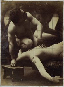 Studie av en mannlig nakenmodell som bryter med en mannequin, i studioet til Jacques de Lalaing av Jacques Lalaing (attributed to)