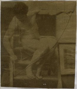 Studie av en mannlig nakenmodell, sittende på et trinn, sett forfra med tau og bue på fanget, i studioet til Jacques de Lalaing av Jacques Lalaing (attributed to)