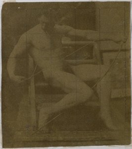 Studie av en mannlig nakenmodell som sitter på et trinn, sett forfra med et tau og bue på fanget, i studioet til Jacques de Lalaing av Jacques Lalaing (attributed to)