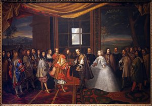 Tretti års krig: "" Intervju av kongen av Frankrike Ludvig XIV (1638-1715) og Filip IV av Spania (1605-1665) på øya Paisans den 7.11.1659"" Spania samtykker i å undertegne traktaten om Pyreneene. Datteren til Philip IV, Marie Therese (Marie-Therese) av Jacques Laumosnier