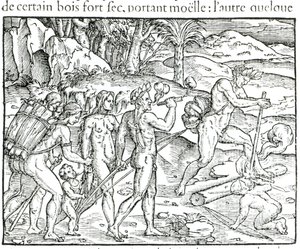 Indiske innfødte gjør ild etter jakt, gravert av Theodor de Bry (1525-75) av Jacques Le Moyne