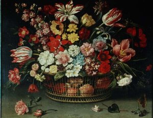 En kurv med blomster (olje på lerret)