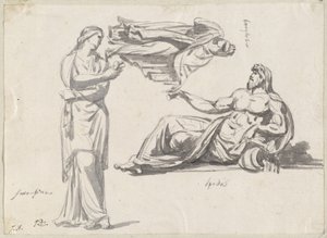 En elvegud og to klassiske skulpturer av Jacques Louis David