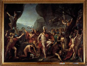 Leonidas til Thermopyls Episode av slaget ved Thermopyls i 480 f.Kr., i motsetning til grekerne mot perserne av Xerxes I, Leonidas I, kongen av Sparta, holder armene sine, sitter på en stein, nær Hercules-alteret, bakerst en tropp av spartanere går videre  av Jacques Louis David