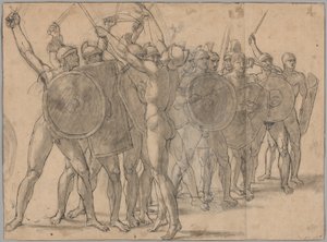 Nakne soldater som gestikulerer med våpnene sine (recto); To draperistudier for figuren til Tatius (verso) av Jacques Louis David