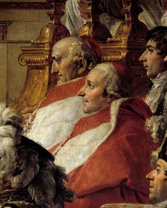 Napoleons rite. Detalj som skildrer kardinalene og Jean Baptiste Jules Bernadotte (1763-1844) under det hellige til keiser Napoleon I Bonaparte og kroningen av Imperatrice Josephine ved Notre-Dame de Paris 2. desember av Jacques Louis David