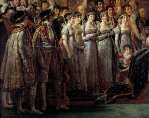 Napoleons rite. Detalj som skildrer keiserens brødre og søstre under helligdommen til keiser Napoleon I Bonaparte og kroningen av Imperatrice Josephine ved Notre-Dame de Paris 2. desember av Jacques Louis David
