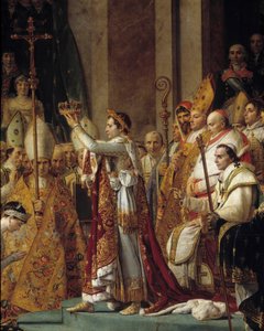 Napoleons rite. Detalj av Napoleon som bærer kronen under helligdommen til keiser Napoleon I Bonaparte og kroningen av Imperatrice Josephine ved Notre-Dame de Paris 2. desember av Jacques Louis David
