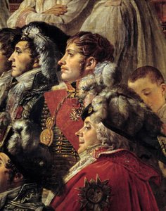 Napoleons rite. Detalj som representerer Auguste Jean-Gabriel de Caulaincourt (1777–1809), Eugene Rose de Beauharnais dit Prince Eugene (1781–1824), og Charles Maurice de Talleyrandt-Perigord dit Talleyrand (1754–1838) under kroningen av keiser Napoleon av Jacques Louis David