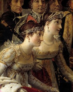Napoleons rite. Detalj som representerer Madame de la Rochefoucault og Madame Lavalette under helligdommen til keiser Napoleon I Bonaparte og kroningen av Imperatrice Josephine ved Notre-Dame de Paris 2. desember av Jacques Louis David