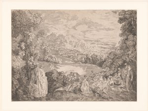Elegant selskap i et landskap av Jacques Philippe Le Bas