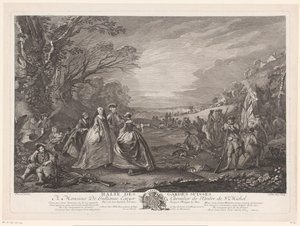 Landskap med fire figurer som besøker en hærleir Halte des Gardes Suisses (tittel på objekt) av Jacques Philippe Le Bas