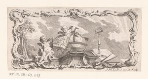 Vignette med to putti med kart, globus og måleinstrumenter
