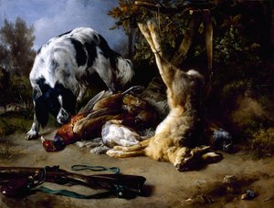 Spaniel med et stilleben av dødt vilt, 1837