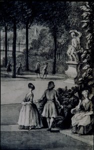 Detalj av 'The Poplar Grove, Lord Burlington's Chiswick Villa' (penn og blekk med akvarell på papir) av Jacques Rigaud