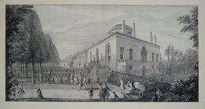 Lord Burlingtons neo-palladiske villa i Chiswick and the Jacobean House (penn og blekk med vask på papir) av Jacques Rigaud