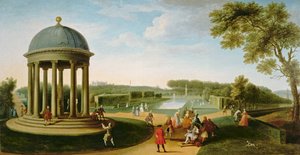 Queen's Theatre fra Rotunda, Stowe House, Bucks, med Lord Cobham og Charles Bridgeman