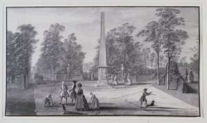 Den store obelisken, nær den sørvestlige inngangen til Lord Burlingtons Chiswick Villa (penn og blekk med vask på papir) av Jacques Rigaud