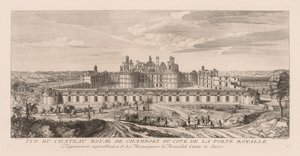 Utsikt over Royal Château of Chambord, fra siden av Royal Gate av Jacques Rigaud