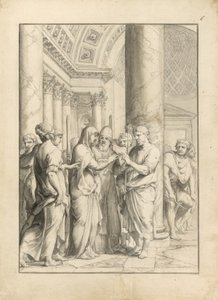 Jomfruens ekteskap, ca. 1640 (penn & svart blekk, med pensel & grå & blekbrun vask & grafitt, på kremlagt papir) av Jacques Stella