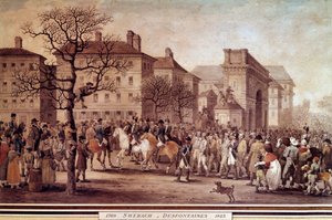 Kampanje av Frankrike i 1814: "" Inngang i Paris av fanger av allierte armees (inkludert Russland og Preussen), eskortert av nasjonalgarden kommandert av Marechal Moncey 9.03.1814"" Litografi av Jacques Swebach-Desfontaines (1769- 1823) av Jacques Swebach Desfontaines