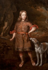 Portrett av en gutt som jeger som holder et villspyd med en greyhound, midten av 1670-tallet