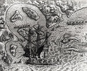 Johannes Staden ankommer en ukjent øy for å finne at portugiserne allerede er der, fra Americae, 1593, skrevet og gravert av Theodor de Bry (1528-98) av Jacques d.158788 after Le Moyne
