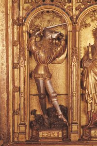 Altertavle av korsfestelsen, detalj av St. George fra venstre panel, fra Church of Chartreuse de Champmol, ca. 1391 (forgylt tre) av Jacques de Baerze or Baers
