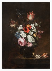 En rose, tulipan, iris, valmuer, kaprifol og andre blomster i en glassvase med skjell på en avsats av Jacques de Claeuw