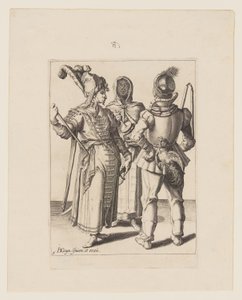 En stormann i østlig kjole, en mann med en penis festet til beltet og en tilslørt kvinne som spiller rumlende gryte, fra Maskeradene av Jacques de Gheyn II