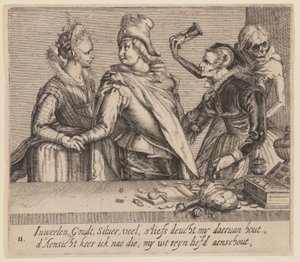 En ung mann mellom en ung kvinne og en gammel kvinne, fra ujevne elskere av Jacques de Gheyn II