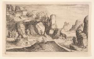 Landskap med en grotte og eremitter, fra Landskap av Jacques de Gheyn II