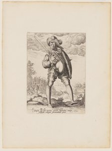 Soldat, bevæpnet med bredsverd og skjold, fra offiserer og soldater i livvakten til keiser Rudolf II av Jacques de Gheyn II
