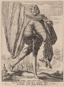 Soldat bevæpnet med bredsverd og skjold av Jacques de Gheyn II after Hendrik Goltzius